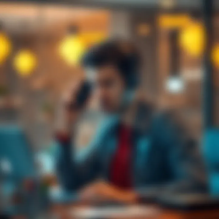 Frustrated person on phone A frustrated person sitting at a desk holds a phone to their ear, looking upset over a hotel booking issue.