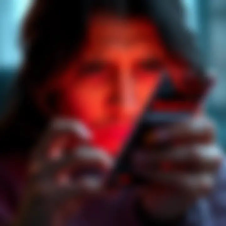 A person looking stressed while checking their phone, showing a message about account closure from a banking app
