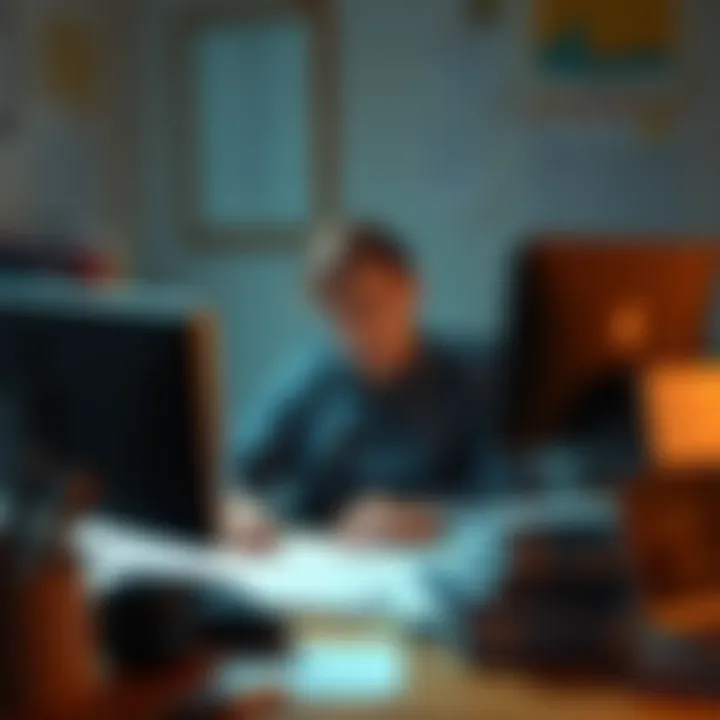A person sitting at a desk surrounded by paperwork and a computer, looking stressed over tax preparation related to Solana transactions.