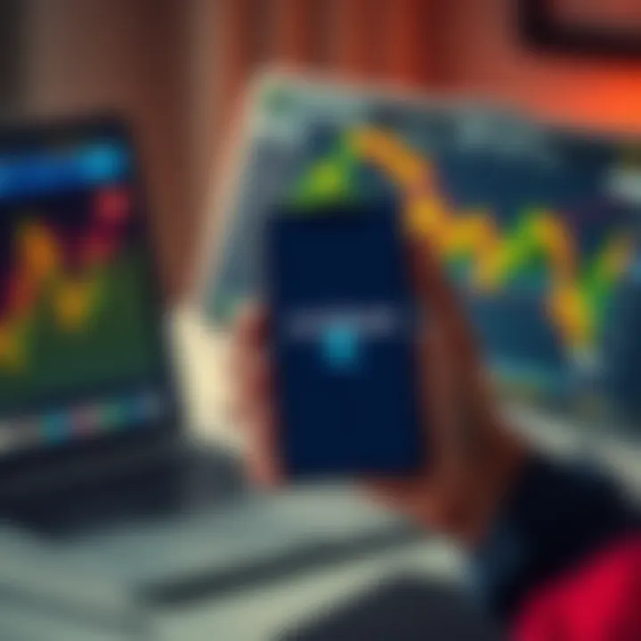 A frustrated person holding a phone with a Coinbase logo visible; the background shows a laptop displaying financial graphs.