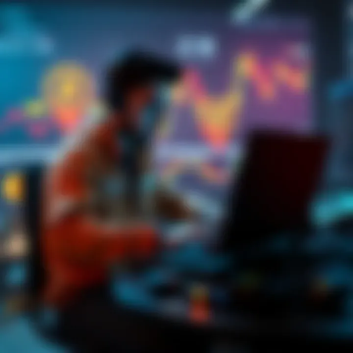 A full-stack developer coding on a laptop, with graphs and cryptocurrency symbols in the background, representing innovation in the crypto field