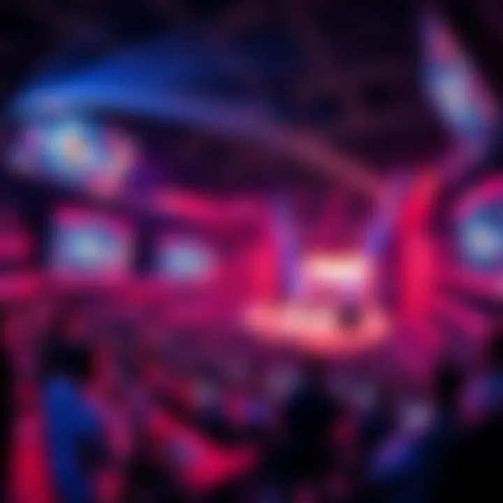 A vibrant esports arena filled with gamers competing on stage, surrounded by cheering fans and bright screens displaying gameplay.