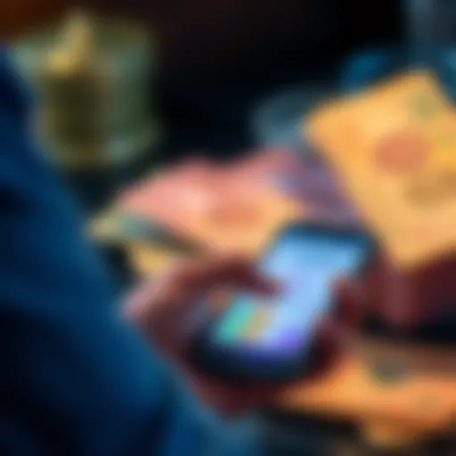 A person using a smartphone to make a cashless payment, with traditional currency in the background