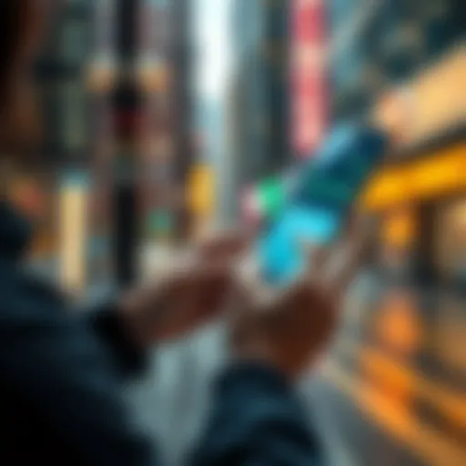 A person using a smartphone to manage financial transactions with digital banking apps in an urban setting.