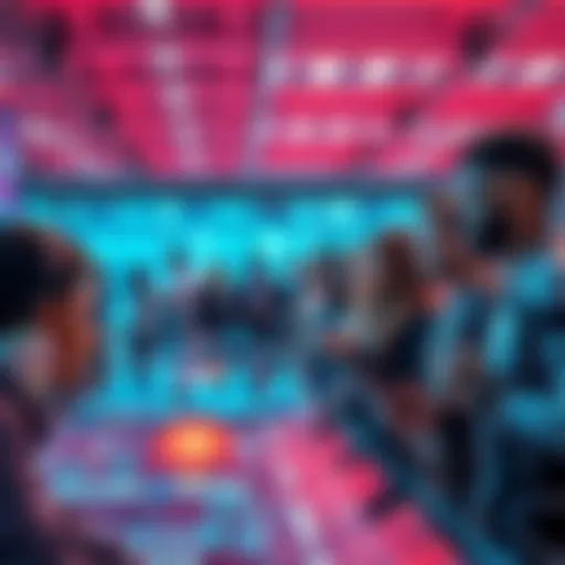 A group of diverse people looking at futuristic technology displays with intelligent gadgets and digital interfaces around them.