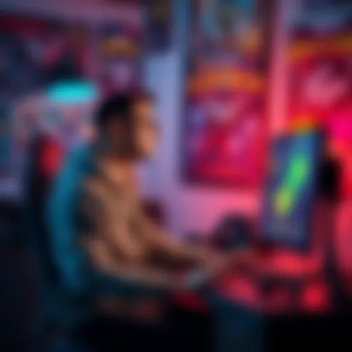 A dedicated gamer sitting in front of a computer, surrounded by game controllers and posters, looking thoughtful while reviewing their gaming experiences over the past year.