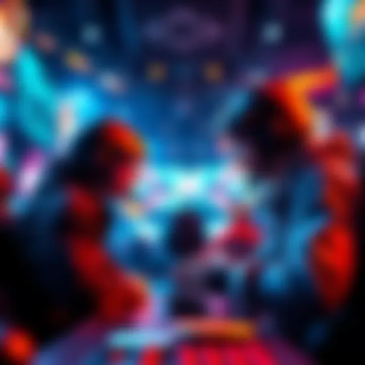Two players facing off in a vibrant gaming arena, unaware of each other's true identities.