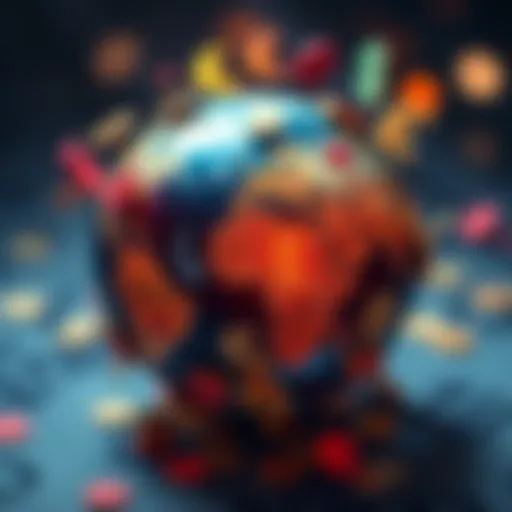 A globe with different currency symbols around it, highlighting the influence of reserve currency on international trade.