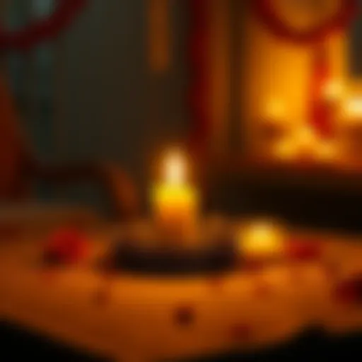 A bright, glowing candle surrounded by colorful decorations, symbolizing peace and reflection.