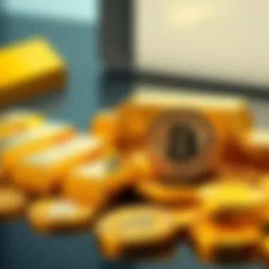 A collection of shiny gold bars next to shiny Bitcoin coins, suggesting the trade between gold and digital currency