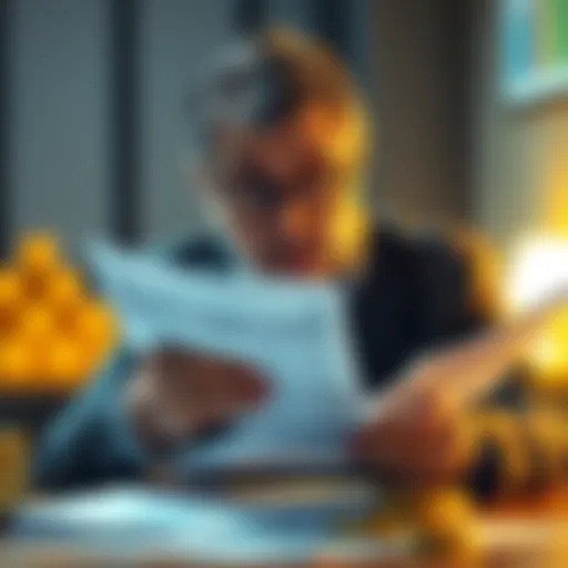 A worried investor reviewing financial documents related to gold and silver investments