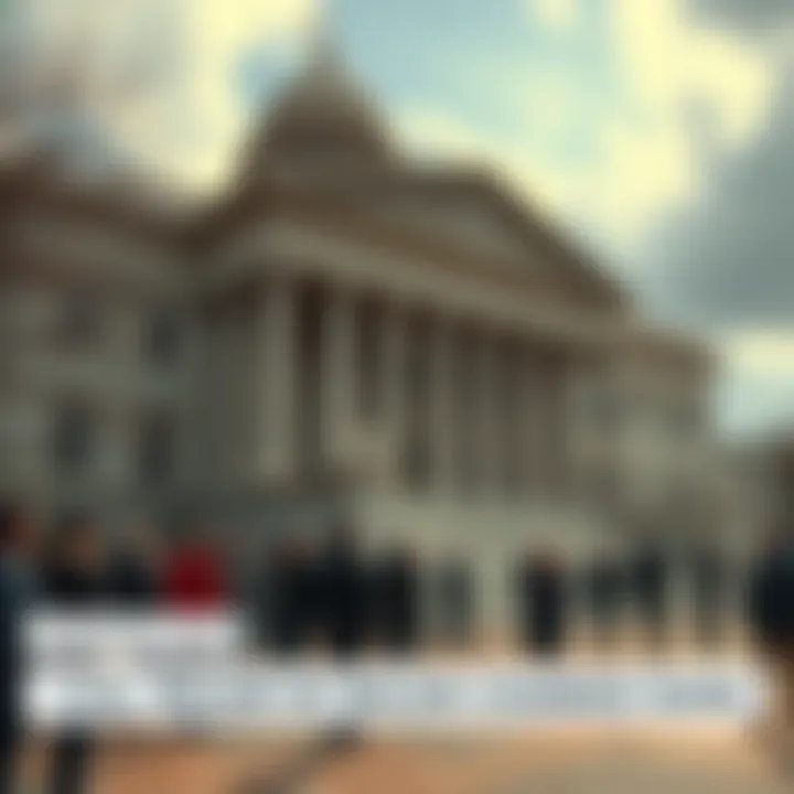Government Building with People A government building with citizens gathered outside, looking concerned about potential changes.
