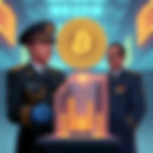 Illustration of a government official discussing restrictions on ASIC sizes with miners, highlighting smaller mining units and blockchain technology.