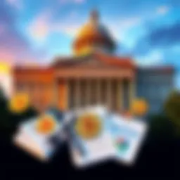 A government building with tax documents and Bitcoin symbols around it, illustrating the contrast between silence on cryptocurrency and aggressive tax plans.