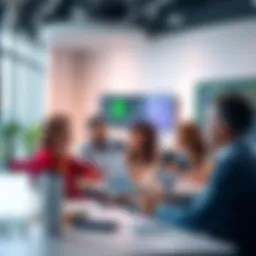 A small group of people collaborating on coding projects using Pi, focused on Java and AWS, in a bright and modern classroom setting.