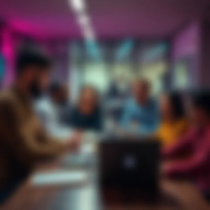 Group Discussion A group of diverse people engaged in a lively conversation, sharing ideas and insights, with notes and a laptop on the table.