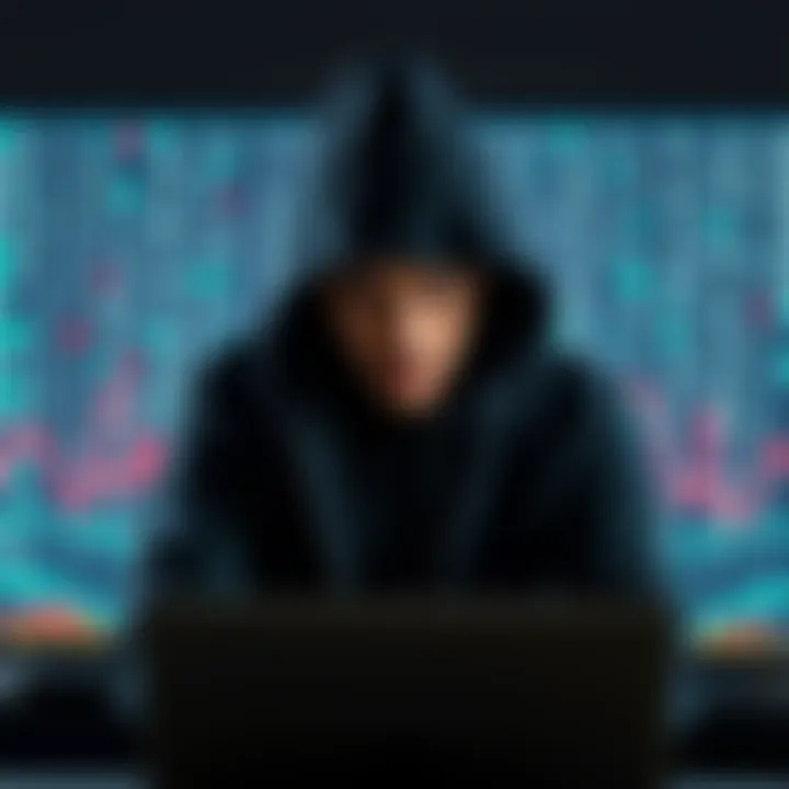 A gray hat hacker sitting in front of a computer screen filled with crypto symbols, looking thoughtful and troubled.