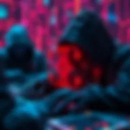 A depiction of hackers using public blockchain symbols to hide malware, representing a digital security threat.