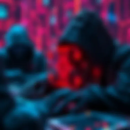 A depiction of hackers using public blockchain symbols to hide malware, representing a digital security threat.