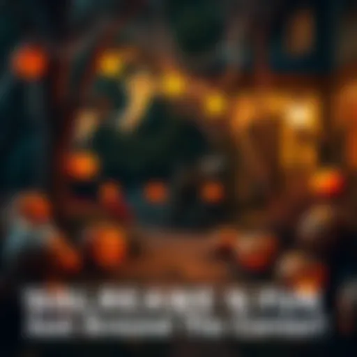 A spooky Halloween scene with carved pumpkins, cobwebs, and ghosts hanging from trees.