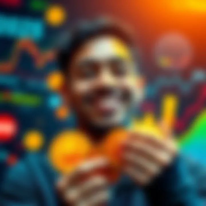 A person smiling while holding bitcoin coins, surrounded by digital graphics showing rising trends in cryptocurrency