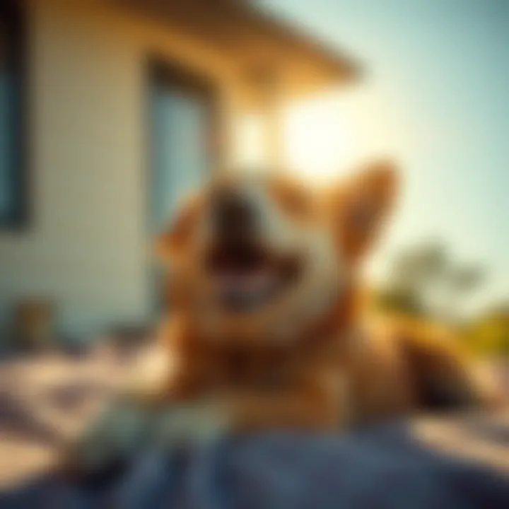 A joyful dog stretching and yawning in the morning sun