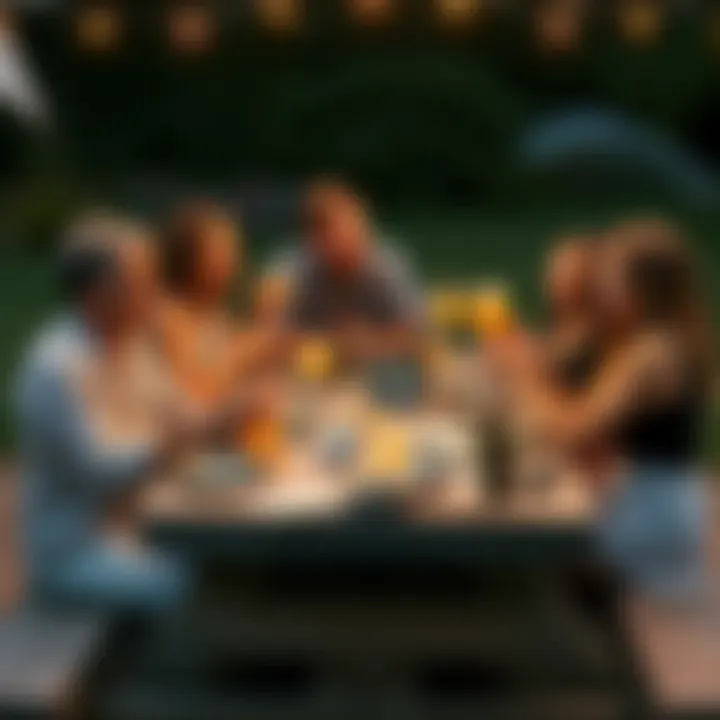 A group of friends laughing and reminiscing together over a picnic table filled with photos and mementos from the past