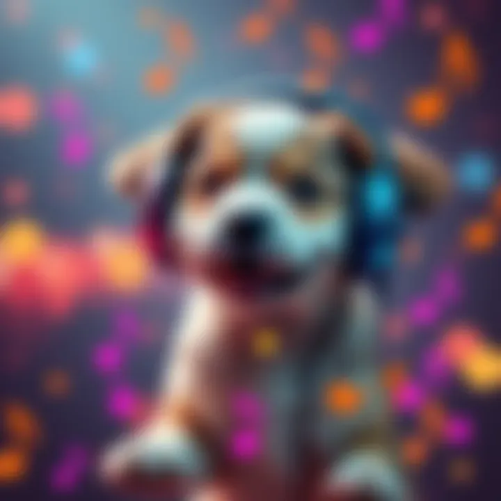 A cheerful puppy with headphones enjoying music generated by Mubert, with colorful musical notes around.