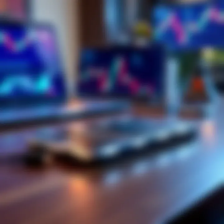 A Ledger Nano hardware wallet lying on a table with a laptop and cryptocurrency charts in the background.