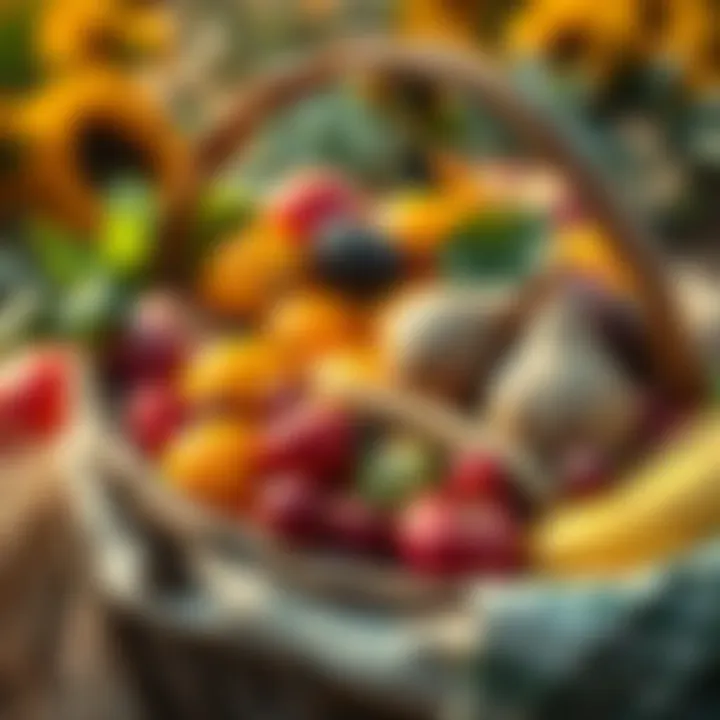 A basket overflowing with fresh fruits and grains, symbolizing blessings from honoring wealth.