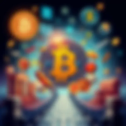 $HBAR symbol surrounded by traditional finance icons like coins and bank buildings, blending into decentralized finance symbols like blockchain and digital currency, illustrating the connection between both worlds.