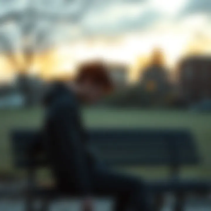 A person sitting alone on a park bench, looking down with tears in their eyes, symbolizing heartbreak and sadness.