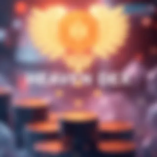 Graphic showing the logo of Heaven DEX with cryptocurrency symbols in the background