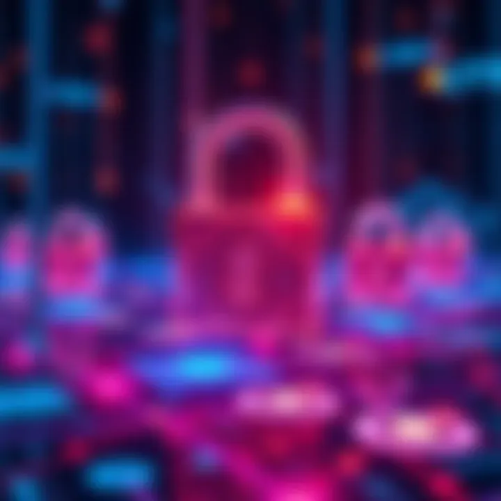 Visual representation of Hedera network adapting for quantum safety, with digital locks symbolizing enhanced security measures, against a backdrop of blockchain graphics.