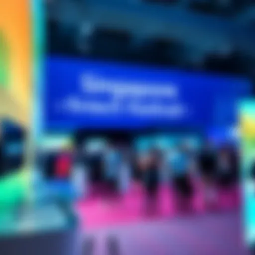 Hedera showcasing its latest innovations at the Singapore Fintech Festival with attendees engaging and networking.