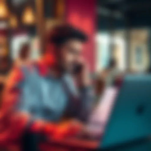 A person talking on the phone, looking frustrated while working on a laptop with paperwork related to number porting for Helium Mobile.