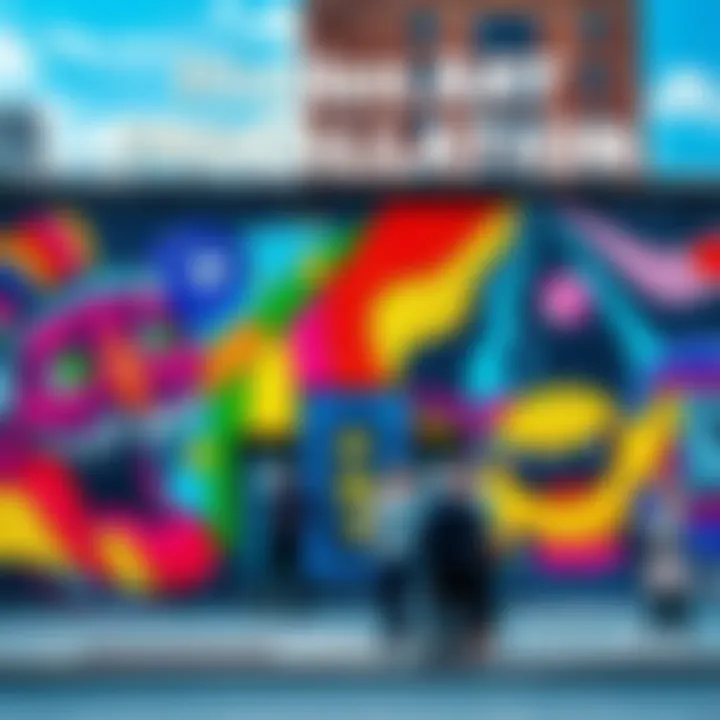 Hidden Art Installation A colorful mural on a city wall, with people admiring the artwork