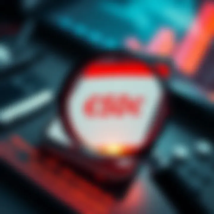 A magnifying glass hovering over a digital banking app showing a suspicious transaction, symbolizing scrutiny and concern.