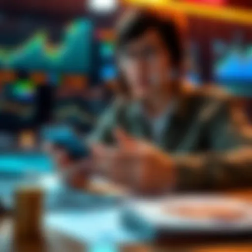 A person holding a smartphone, looking at charts and graphs of altcoin investments, with a worried expression and a small stack of cash on the table.