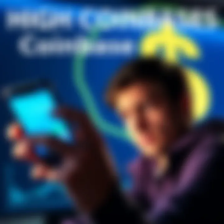 A person looks frustrated while viewing high transaction fees on a Coinbase app on their phone, with a dollar sign graphic in the background.
