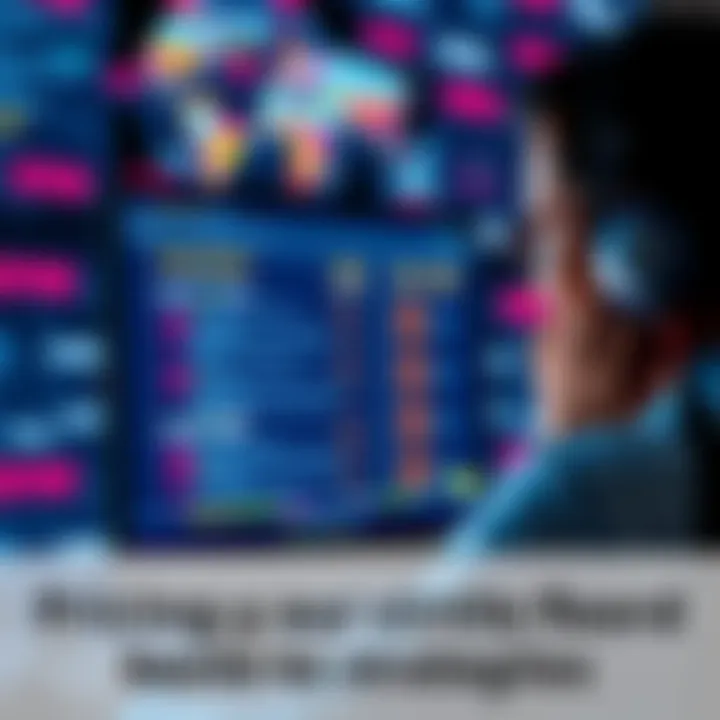 A person looks frustrated while viewing a website that displays high fees for posting. The background shows a digital world with spam messages highlighted.