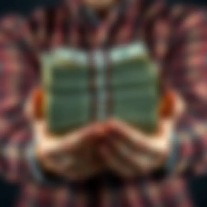 A person firmly holding stacks of cash, symbolizing the idea of retaining assets to prevent financial loss in a market downturn.