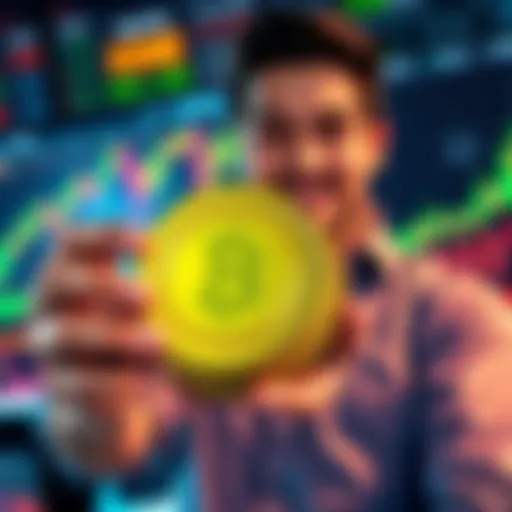 A trader confidently holding a large stack of cryptocurrency tokens labeled $ONE, with a stock market graph in the background showing fluctuations.