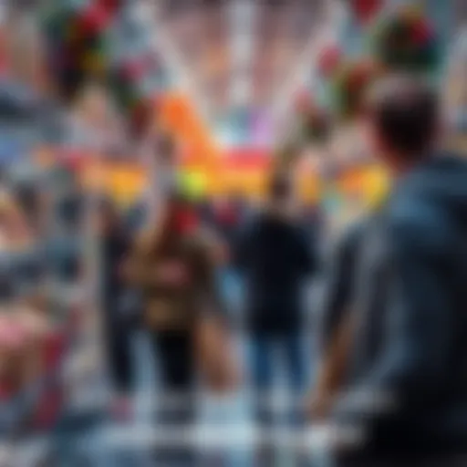 People shopping for holiday gifts with price tags visible.