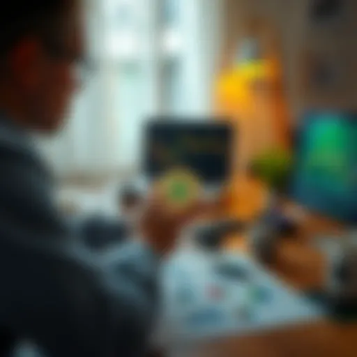 A person examining cryptocurrency charts and a Home Equity Line of Credit document on a desk