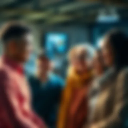 A group of diverse people engaging in a conversation, smiling and sharing ideas, showing trust and openness.