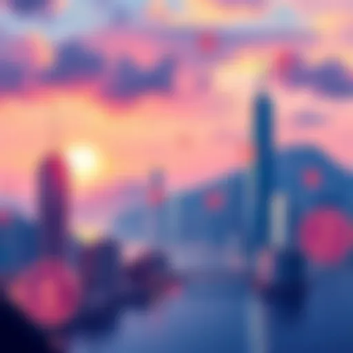 An illustration showing Hong Kong's skyline with digital currency symbols representing the CBDC project using Chainlink technology.
