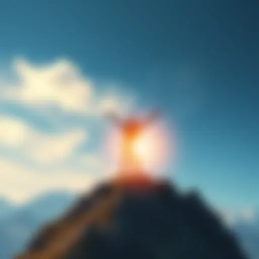 Individual standing on a mountain top with arms raised, embracing the sun, symbolizing hope and resilience
