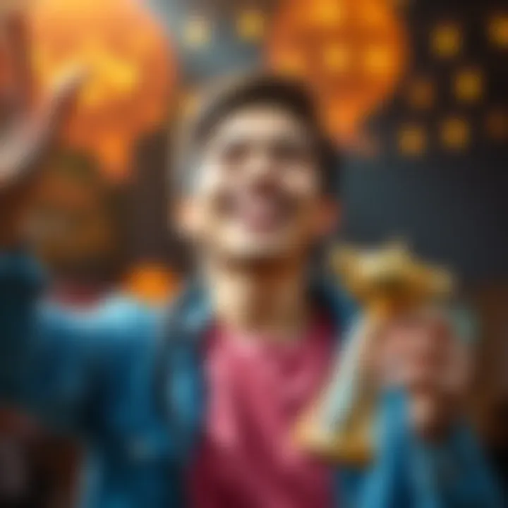 Hopeful Person Celebrating A person smiling while holding a small trophy, embodying cautious optimism about their recent success.