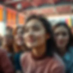 Human Emotions A diverse group of people expressing different emotions, showcasing happiness, sadness, and contemplation in a vibrant setting.